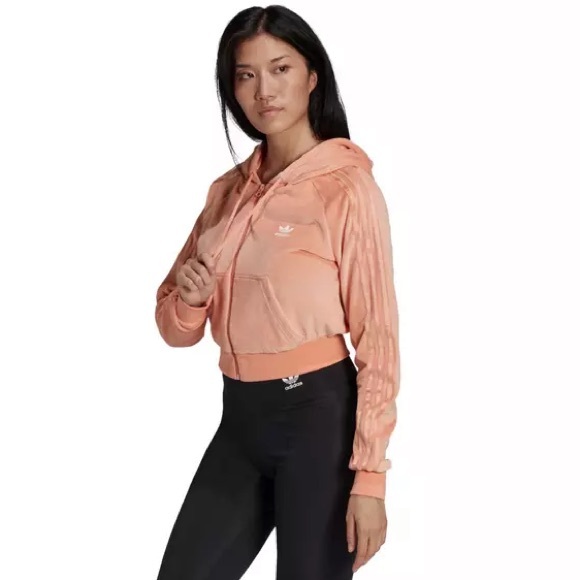 adidas Tops - Adidas | Velour Crop FZ Pink Cropped Hoodie